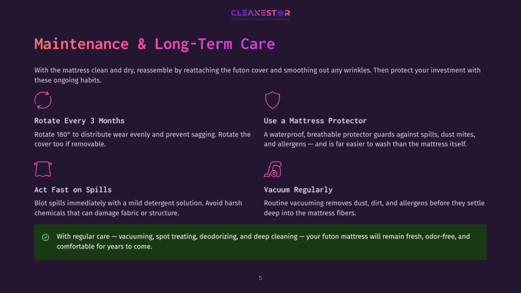 Cleanestor Logo Above Text Detailing Mattress Maintenance: Rotate Every 3 Months, Use A Mattress Protector, Act Fast On Spills, And Vacuum Regularly. Bullet Point Emphasizes Regular Cleaning For A Fresh, Odor-Free, And Comfortable Futon Mattress.