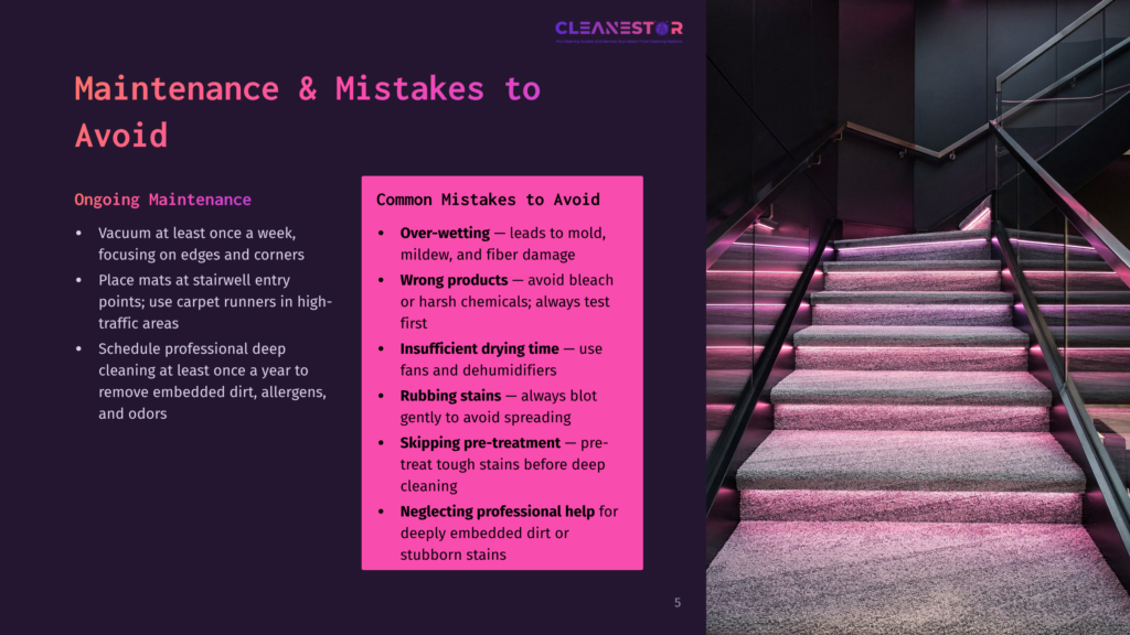 A Modern, Dimly Lit Staircase With Plush Carpeted Steps Illuminated By Pink Led Lights. Text Overlay Reads &Quot;Cleanestar&Quot; And &Quot;Maintenance &Amp; Mistakes To Avoid&Quot;.