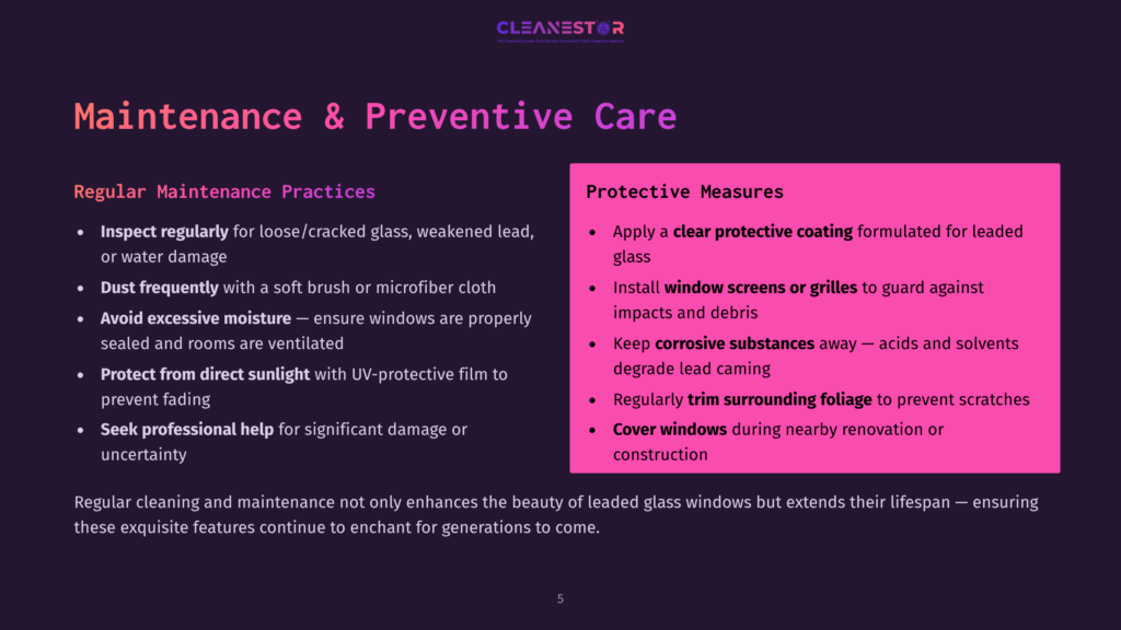 Cleanestor Logo With The Title &Quot;Maintenance &Amp; Preventive Care&Quot; And Bullet Points For &Quot;Regular Maintenance Practices&Quot; And &Quot;Protective Measures&Quot; For Glass.