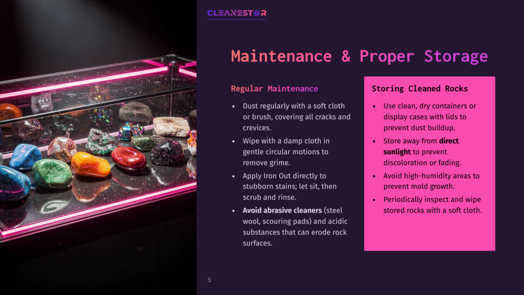 Display Case Of Polished Gemstones In Vibrant Colors, With Text Overlay: &Quot;Cleanestor Maintenance &Amp; Proper Storage Storing Cleaned Rocks&Quot;.