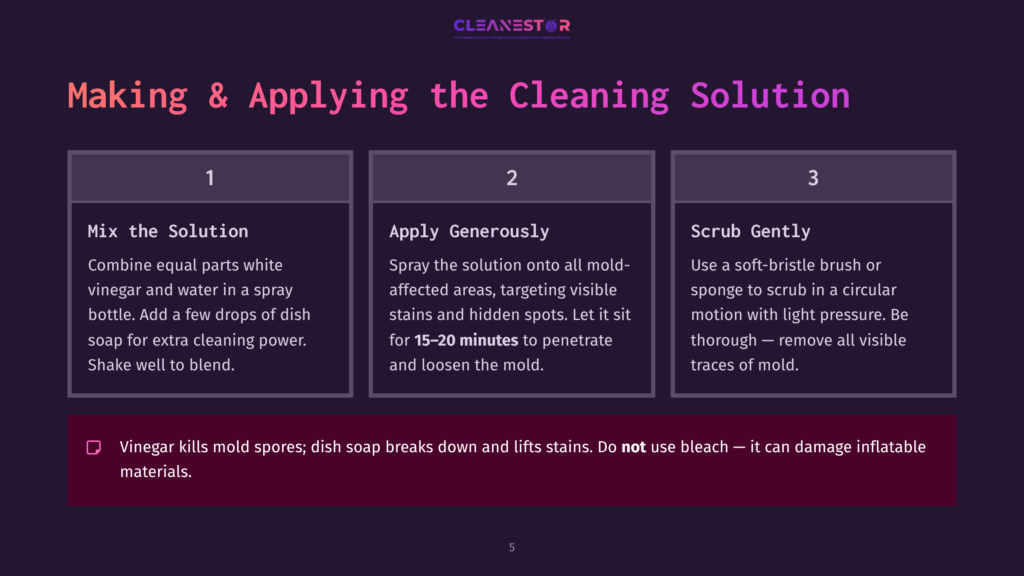 5 Making And Applying The Cleaning Solution Infographic Titled &Quot;Making &Amp; Applying The Cleaning Solution&Quot; With Three Steps: 1. Mix The Solution, 2. Apply Generously, 3. Scrub Gently. Includes A Warning About Not Using The Solution On Inflatable Materials.