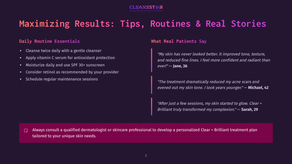 Dark Purple Slide With Text About Maximizing Results: Tips, Routines &Amp; Real Stories. Includes Daily Routine Essentials And Patient Testimonials.