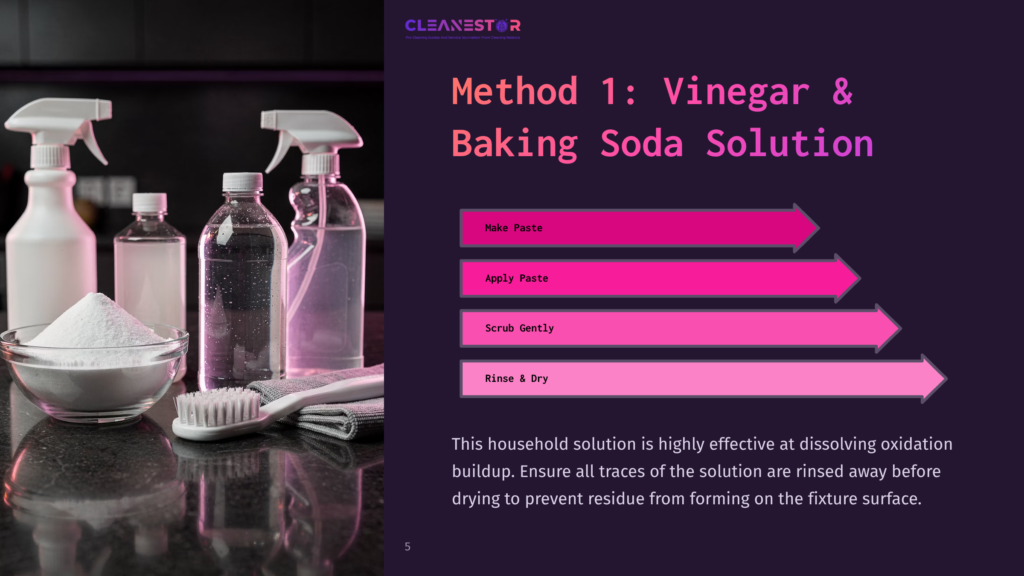 5 Method 1 Vinegar And Baking Soda Solution Method 1: Vinegar &Amp; Baking Soda Solution For Cleaning. Includes Steps: Make Paste, Apply Paste, Scrub Gently, Rinse &Amp; Dry. Household Cleaning Solution For Dissolving Oxidation Buildup.