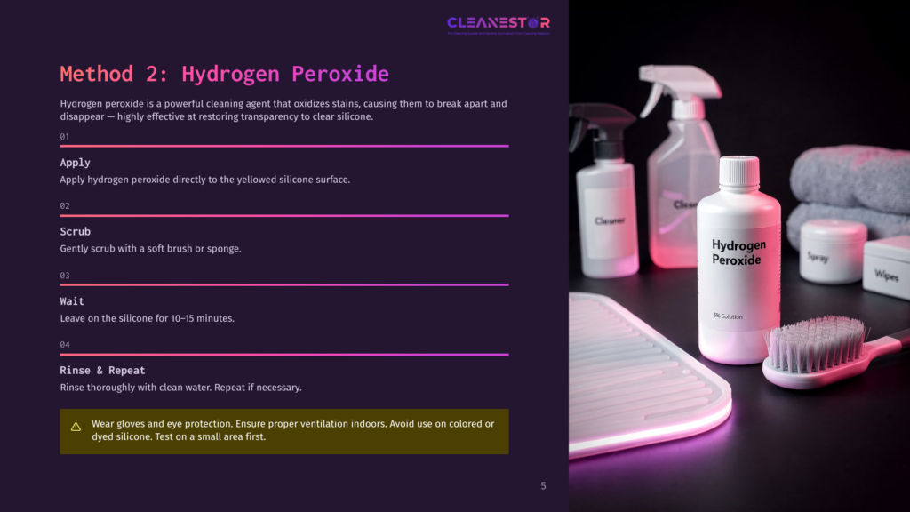Method 2: Hydrogen Peroxide Cleaning Instructions With A Bottle Of Hydrogen Peroxide, Spray Bottles, And Cleaning Supplies In The Background.