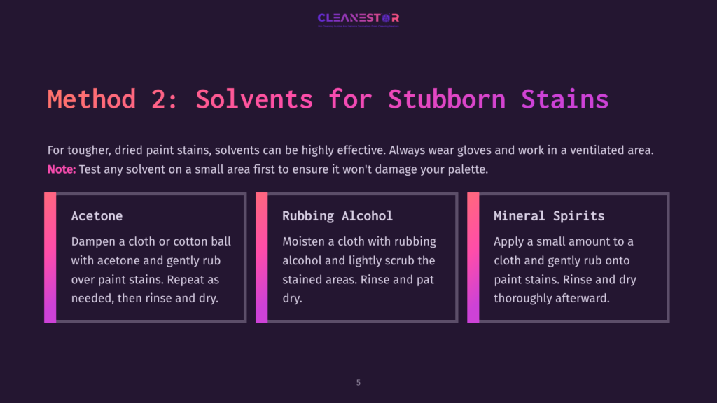 Method 2: Solvents For Stubborn Stains. Three Columns Detail Cleaning Methods: Acetone, Rubbing Alcohol, And Mineral Spirits, With Instructions For Each.