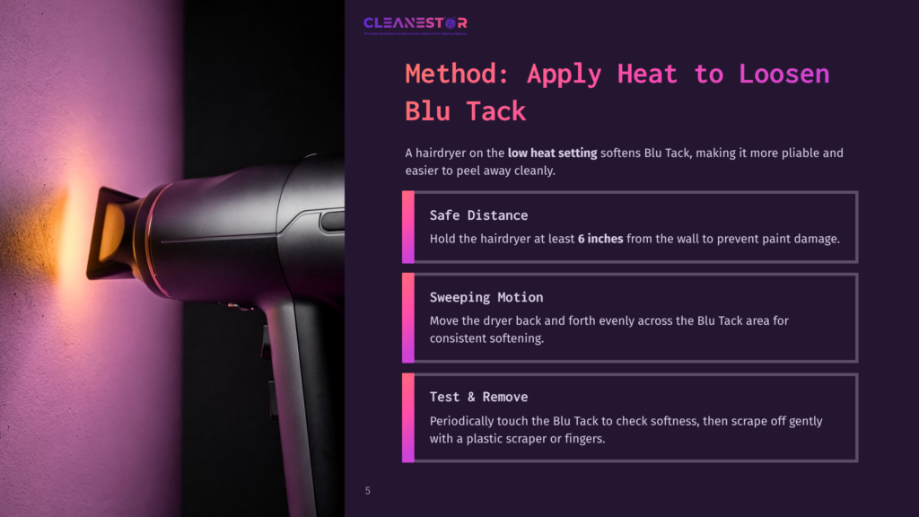 A Black Hairdryer Is Held Close To A Pink Wall, With A Bright Orange Light Emanating From The Nozzle, Illuminating The Wall. Text On The Image Reads &Quot;Cleanestor&Quot; And &Quot;Method: Apply Heat To Loosen Blu Tack&Quot;.