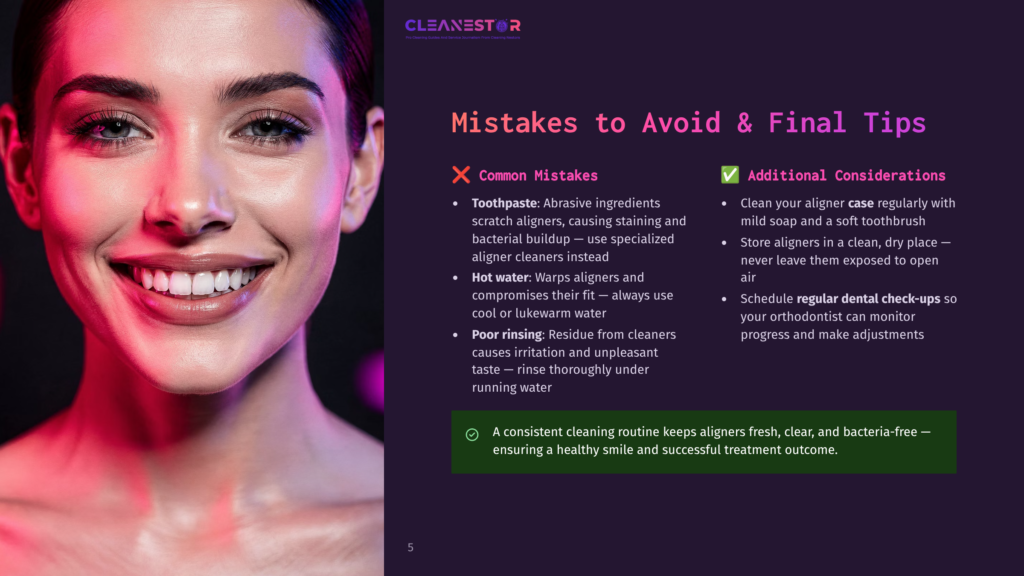 Close-Up Of A Smiling Woman With Perfect White Teeth And Clear Aligners, With Text Overlay &Quot;Mistakes To Avoid &Amp; Final Tips&Quot; And Cleaning Advice.