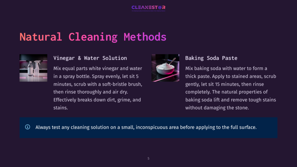 Natural Cleaning Methods: Vinegar And Water Solution In A Spray Bottle Next To A Soft-Bristle Brush; Baking Soda Paste In A Bowl Next To A Scrubbing Sponge. Text Details Cleaning Instructions.
