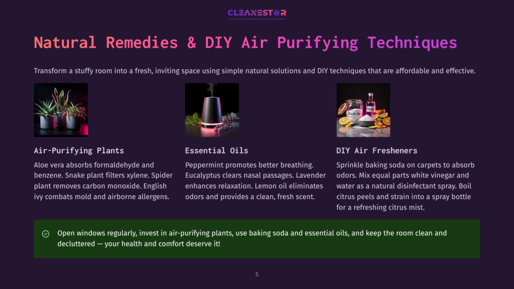Three Sections On Natural Remedies For Air Purification: Air-Purifying Plants, Essential Oils Diffuser, And Diy Air Fresheners With Baking Soda And Citrus.