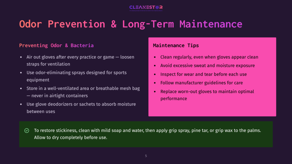 Cleanestor Logo. Title: Odor Prevention &Amp; Long-Term Maintenance. Bullet Points On Preventing Odor And Bacteria, And Maintenance Tips For Gloves.