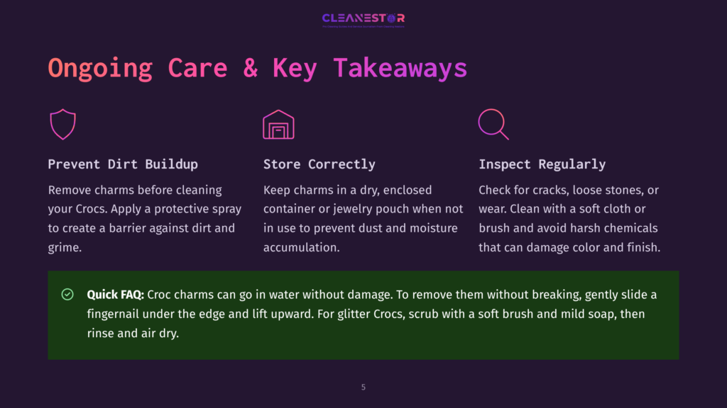 Infographic With Dark Purple Background And White Text. Title &Quot;Ongoing Care &Amp; Key Takeaways&Quot; With Icons Of A Shield, House, And Magnifying Glass. Text Includes Tips On Preventing Dirt Buildup, Storing Charms Correctly, And Inspecting Charms Regularly.
