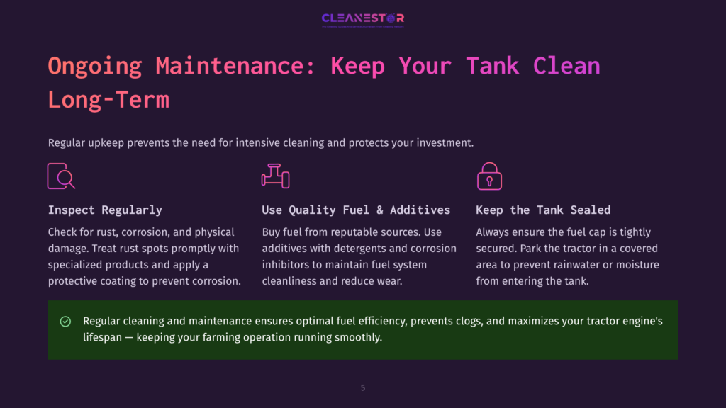 Illustration Of Three Icons Representing Ongoing Maintenance For A Tractor Tank: Inspect Regularly, Use Quality Fuel &Amp; Additives, And Keep The Tank Sealed. Text Highlights Benefits Like Preventing Corrosion And Ensuring Optimal Fuel Efficiency.