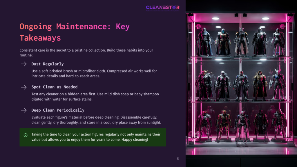 A Sleek, Modern Glass Display Cabinet Filled With Meticulously Arranged Action Figures, Illuminated By Vibrant Pink Lighting. The Cabinet Is Divided Into Three Shelves, Each Showcasing Rows Of Detailed, Futuristic Figurines.