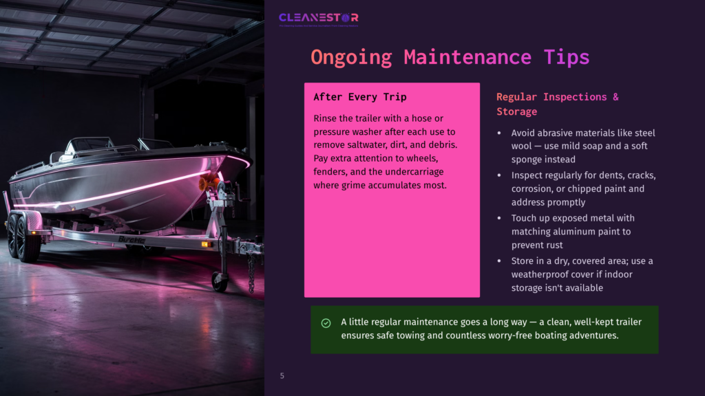 A Sleek Boat With Neon Pink Lighting Sits On A Trailer In A Dimly Lit Garage, With The Text &Quot;Cleanestor&Quot; And &Quot;Ongoing Maintenance Tips&Quot; Visible.