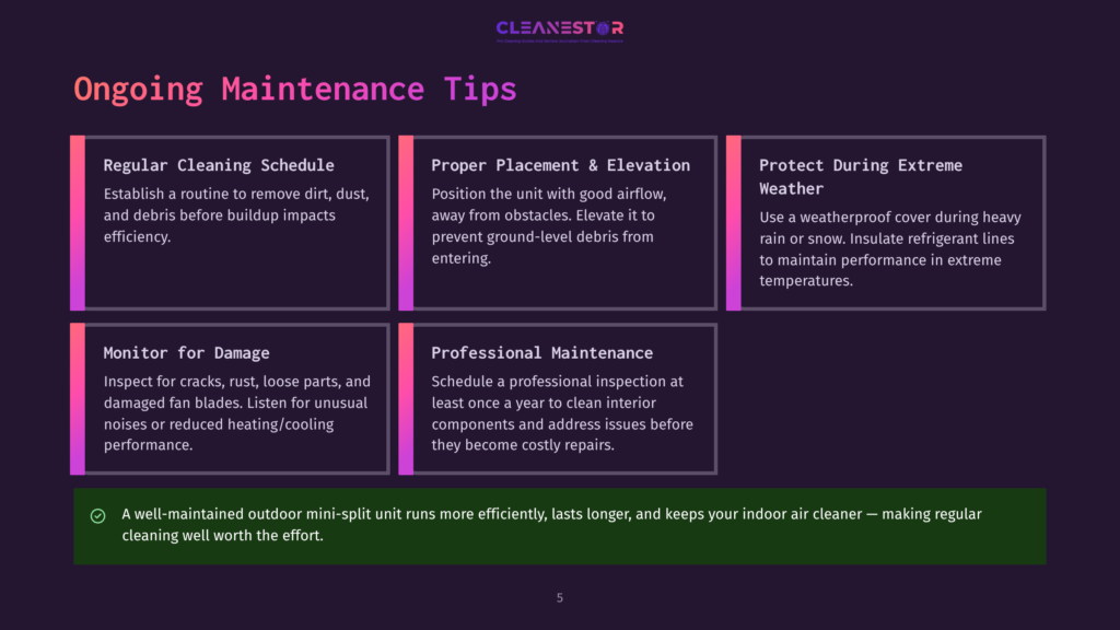 5 Ongoing Maintenance Tips 3 Cleanestor Ongoing Maintenance Tips For Mini-Split Units: Regular Cleaning Schedule, Proper Placement &Amp; Elevation, Protect During Extreme Weather, Monitor For Damage, And Professional Maintenance.