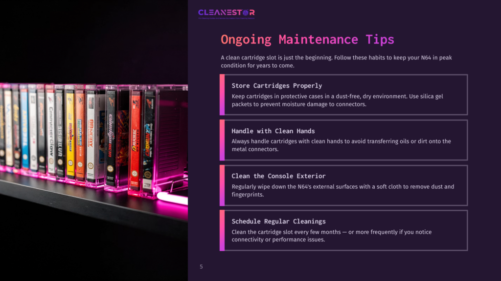 5 Ongoing Maintenance Tips 4 A Collection Of Nintendo 64 Game Cartridges Neatly Displayed On A Shelf, With A Purple Background And Text Overlay Reading &Quot;Cleanestor Ongoing Maintenance Tips&Quot;.
