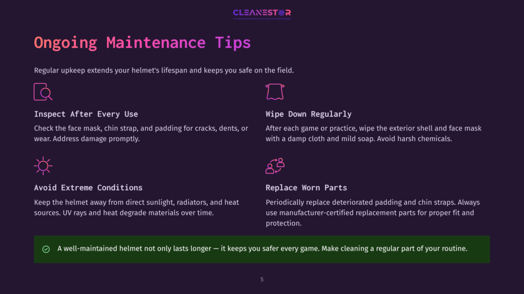 Cleanestor Logo And Text On A Dark Purple Background With The Heading &Quot;Ongoing Maintenance Tips&Quot; And Icons For Inspecting, Wiping Down, Avoiding Extreme Conditions, And Replacing Worn Parts For Helmet Care.