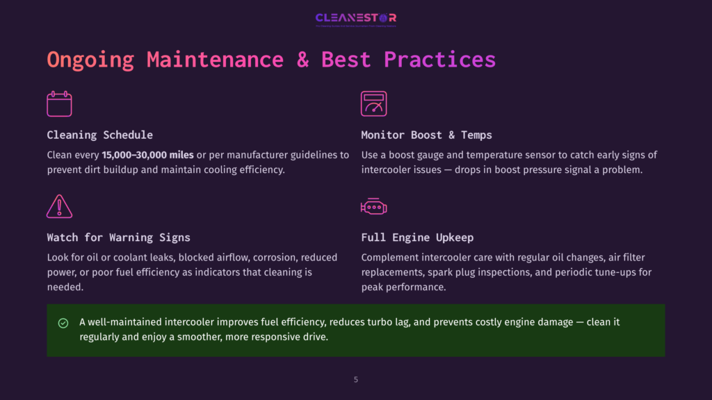 5 Ongoing Maintenance And Best Practices Infographic Slide Titled &Quot;Ongoing Maintenance &Amp; Best Practices&Quot; With Icons For Cleaning Schedule, Monitor Boost &Amp; Temps, Warning Signs, And Full Engine Upkeep, Emphasizing Intercooler Care.