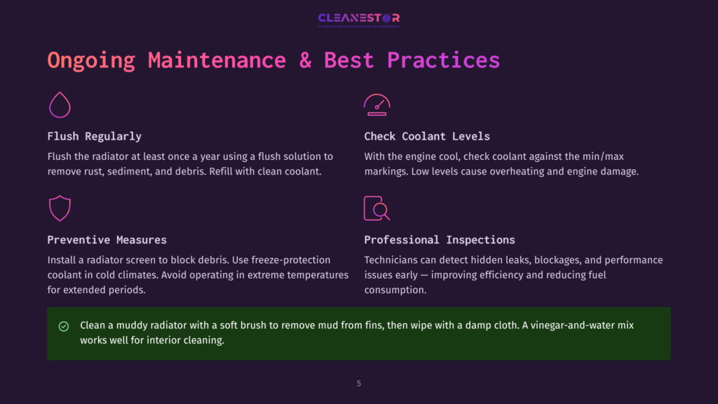 Cleanestor Logo With Text &Quot;Ongoing Maintenance &Amp; Best Practices&Quot; And Icons For Flush Regularly, Check Coolant Levels, Preventive Measures, And Professional Inspections.