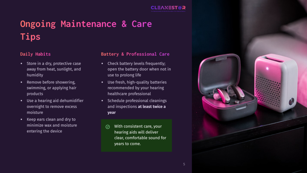 5 Ongoing Maintenance And Care Tips Ongoing Maintenance &Amp; Care Tips For Hearing Aids, With A Focus On Daily Habits And Battery/Professional Care. A Charging Case With Two Hearing Aids Sits On A Nightstand Next To A White Charging Station.