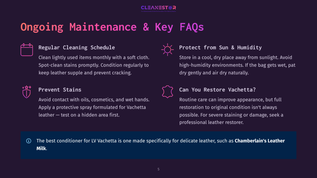 Infographic Titled &Quot;Ongoing Maintenance &Amp; Key Faqs&Quot; With Icons And Text About Cleaning, Sun Protection, Stain Prevention, And Vachetta Leather Restoration.
