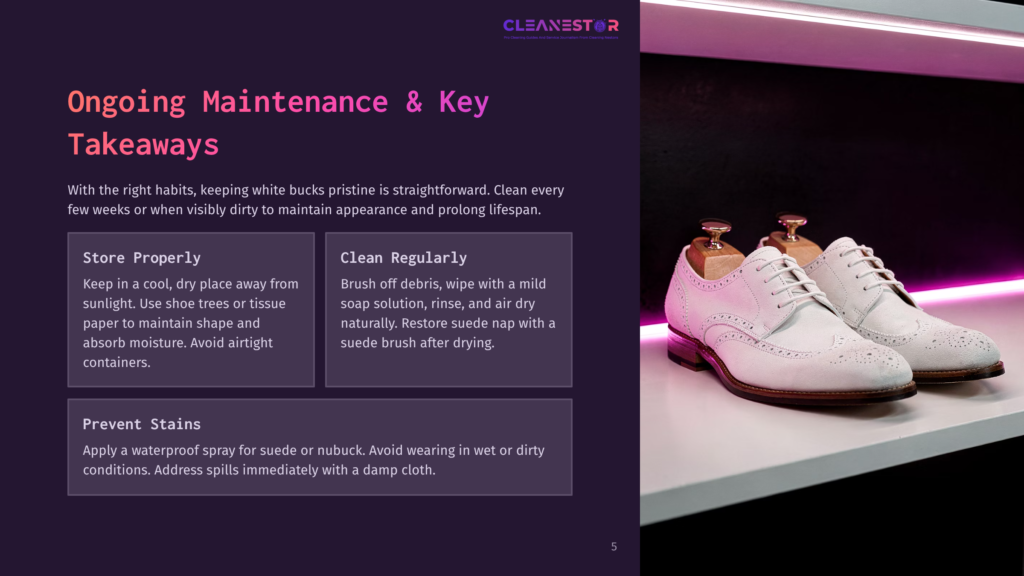 5 Ongoing Maintenance And Key Takeaways 2 Cleanstar White Suede Wingtip Shoes On A Shelf, With Text Overlay About Shoe Maintenance Tips: &Quot;Store Properly&Quot; And &Quot;Clean Regularly&Quot;.