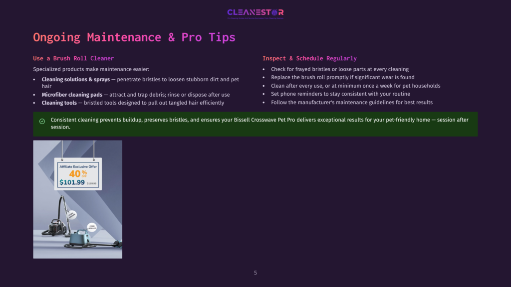5 Ongoing Maintenance And Pro Tips 1 Image Showcasing A Bissell Crosswave Pet Pro Vacuum Cleaner And Accessories, Alongside An Affiliate Offer For 40% Off At $101.99, Originally $169.99. The Text Also Includes Tips For Ongoing Maintenance And Pro Tips For The Vacuum.