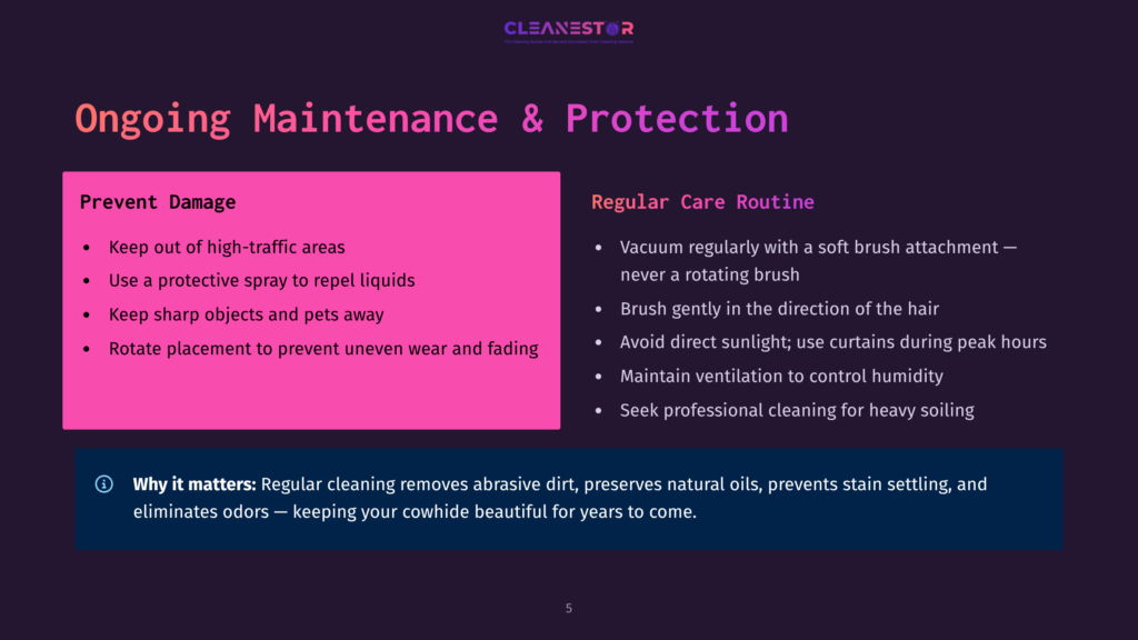 Cleanestor Ongoing Maintenance And Protection Guide: Prevent Damage By Keeping Items Away From High-Traffic Areas, Sharp Objects, And Pets. Regular Care Includes Vacuuming With A Soft Brush, Gentle Brushing, Avoiding Direct Sunlight, And Maintaining Ventilation.
