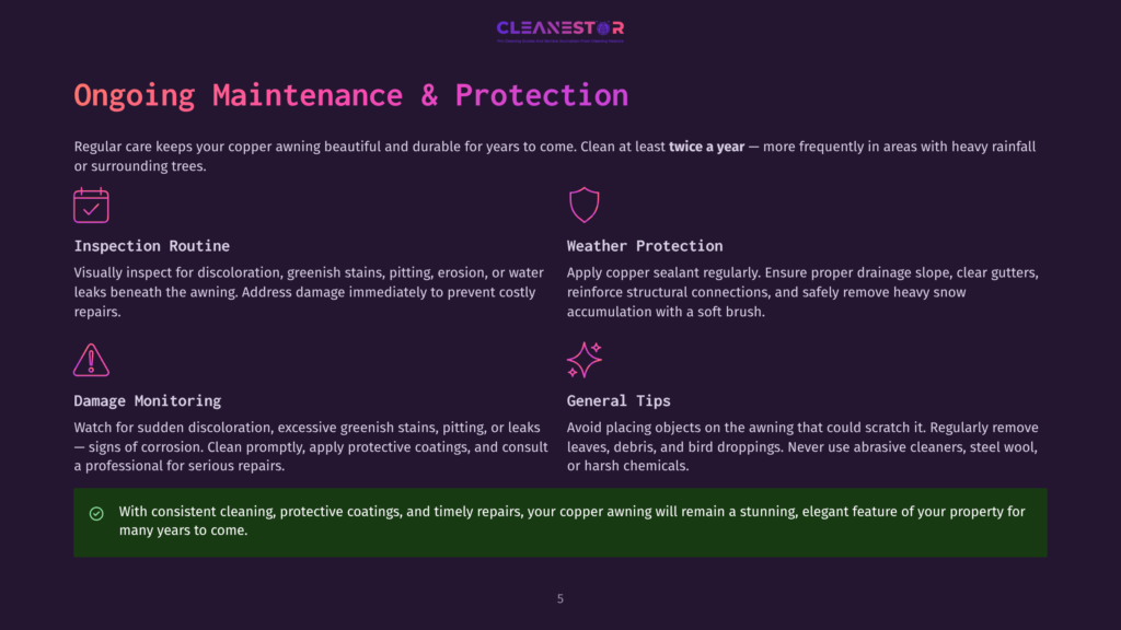 5 Ongoing Maintenance And Protection Infographic Section Titled &Quot;Ongoing Maintenance &Amp; Protection&Quot; With Various Tips And Guidelines For Caring For A Copper Awning, Including Inspection, Weather Protection, Damage Monitoring, And General Tips.