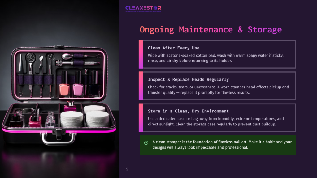 5 Ongoing Maintenance And Storage Cleanestor Nail Art Maintenance Kit With Tools, Polish, Cotton Pads, And Storage Case, Alongside Text About Cleaning And Storage.