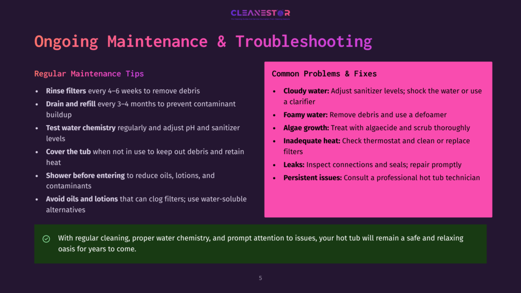 A Dark Purple Background With Text About &Quot;Ongoing Maintenance &Amp; Troubleshooting&Quot; For Hot Tubs, Including &Quot;Regular Maintenance Tips&Quot; And &Quot;Common Problems &Amp; Fixes&Quot; With Bulleted Lists.