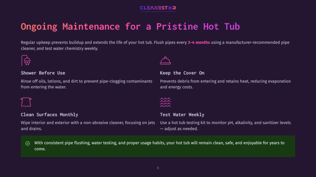 Cleanestor Logo With Text: &Quot;Ongoing Maintenance For A Pristine Hot Tub.&Quot; Icons And Text Detail Hot Tub Maintenance: Shower, Cover, Surfaces, And Water Testing.