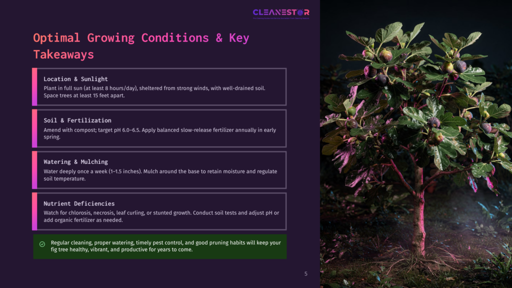 5 Optimal Growing Conditions And Key Takeaways An Image Of A Small Fig Tree With Purple-Tinged Leaves And Vibrant Green Foliage, Set Against A Dark, Blurred Background, With A Text Overlay Highlighting Optimal Growing Conditions And Key Takeaways For Fig Tree Care.