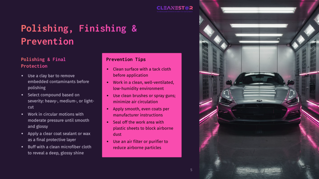 A High-Gloss Silver Car, Possibly A Sports Car, Is Being Polished Inside A Tunnel With Pink Led Lighting. To The Left, A Pink And White Infographic Titled &Quot;Polishing, Finishing &Amp; Prevention&Quot; Lists Tips Such As Using A Clay Bar And Applying A Coat Sealant.