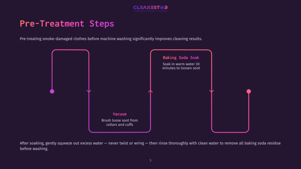 Diagram Illustrating Pre-Treatment Steps For Smoke-Damaged Clothes: Soaking In Warm Water With Baking Soda, Followed By Vacuuming Loose Soot From Collars And Cuffs Before Washing.