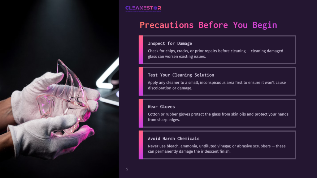 Two Gloved Hands Delicately Hold A Pink Glass Object, Possibly Eyewear, Against A Dark Background. The Text &Quot;Cleanestor Precautions Before You Begin&Quot; Is Visible.