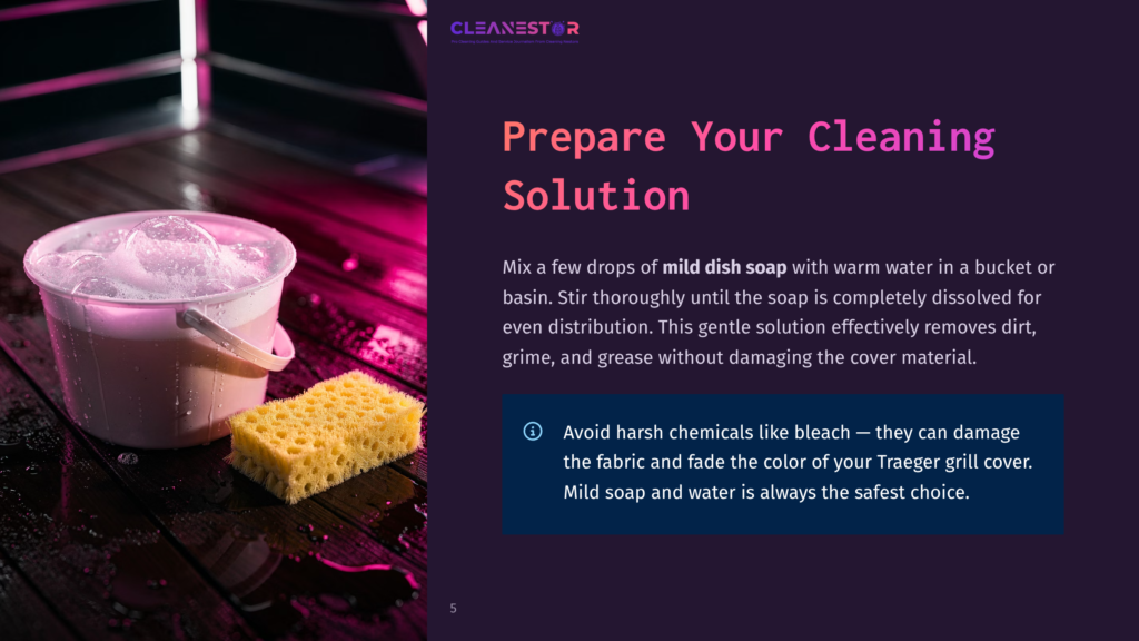 A Pink-Lit Scene Shows A White Bucket Filled With Soapy Water And Bubbles, Next To A Yellow Sponge On A Wet Wooden Surface. Text On The Right Reads &Quot;Cleanestor&Quot; And &Quot;Prepare Your Cleaning Solution.