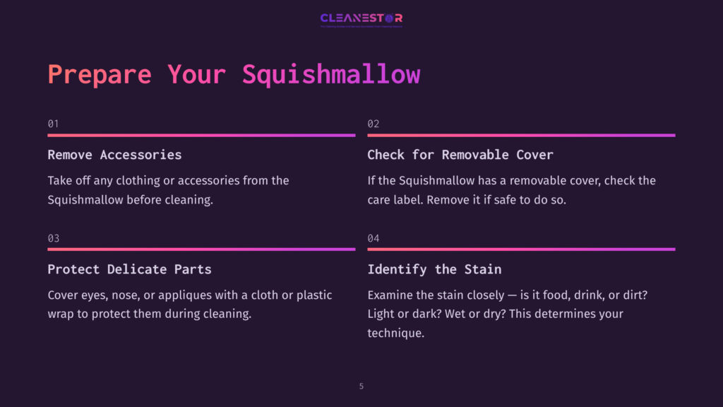 Instructions For Preparing A Squishmallow For Cleaning: Remove Accessories, Check For Removable Covers, Protect Delicate Parts Like Eyes And Nose, And Identify The Stain Type (Food, Drink, Light/Dark, Wet/Dry).