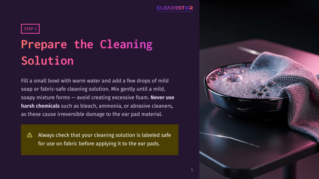 A Close-Up Of A Black Bowl Filled With Soapy Water And A Gray Cloth, With A Bottle Of &Quot;Cleanestor&Quot; Cleaning Solution And Instructions On Preparing A Cleaning Solution In The Background.