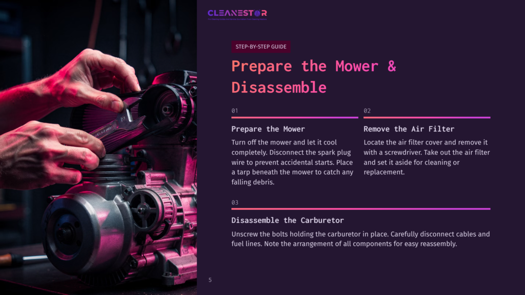 Close-Up Of Hands Using A Wrench To Work On A Lawn Mower Engine, With &Quot;Prepare The Mower &Amp; Disassemble&Quot; Text Overlay.