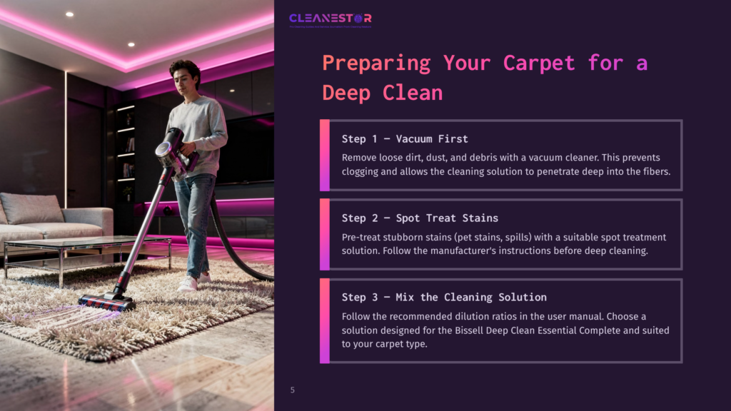 A Man Vacuums A Plush Cream Carpet In A Modern Living Room With Purple Accent Lighting. The Image Is Part Of A &Quot;Cleanestor&Quot; Guide On Preparing Carpets For Deep Cleaning.