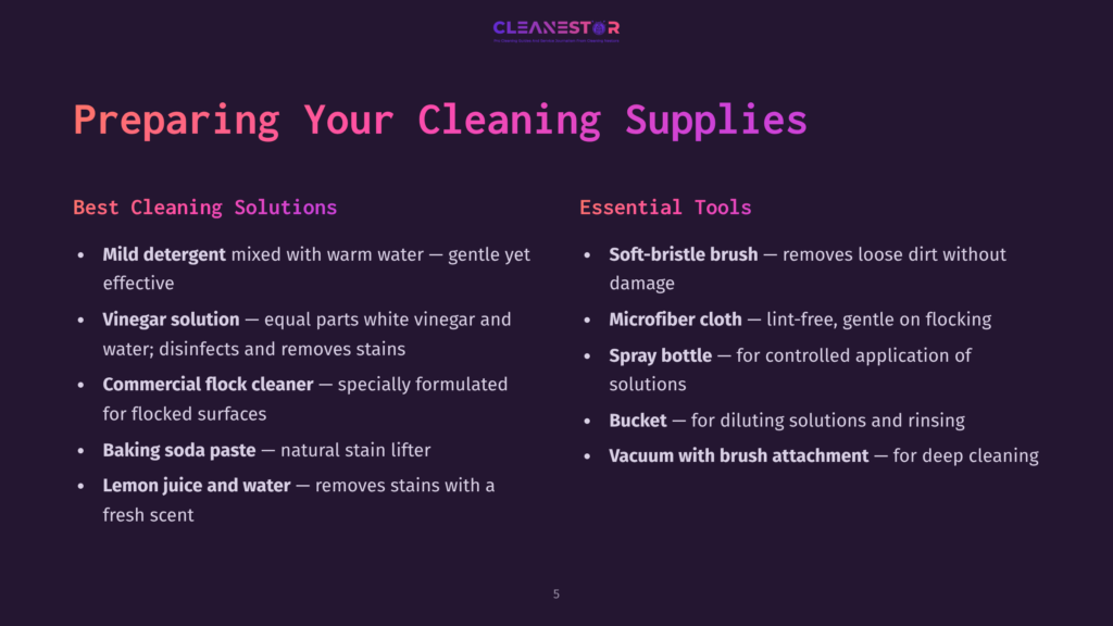 Presentation Slide Titled &Quot;Preparing Your Cleaning Supplies&Quot; Listing Best Cleaning Solutions And Essential Tools For Effective Cleaning, Including Mild Detergent, Vinegar Solution, And Soft-Bristle Brush.