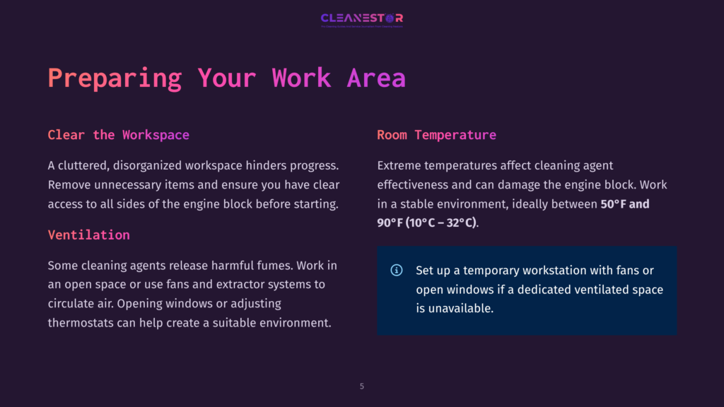 Presentation Slide Titled &Quot;Preparing Your Work Area&Quot; With Sections On &Quot;Clear The Workspace&Quot; And &Quot;Room Temperature,&Quot; Offering Advice On Decluttering And Ideal Environmental Conditions For Cleaning.