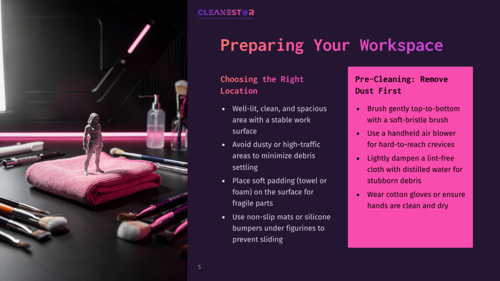 Cleanestor Logo And Text &Quot;Preparing Your Workspace&Quot; Above A Close-Up Of Makeup Brushes And A Pink Microfiber Cloth On A Dark Surface.