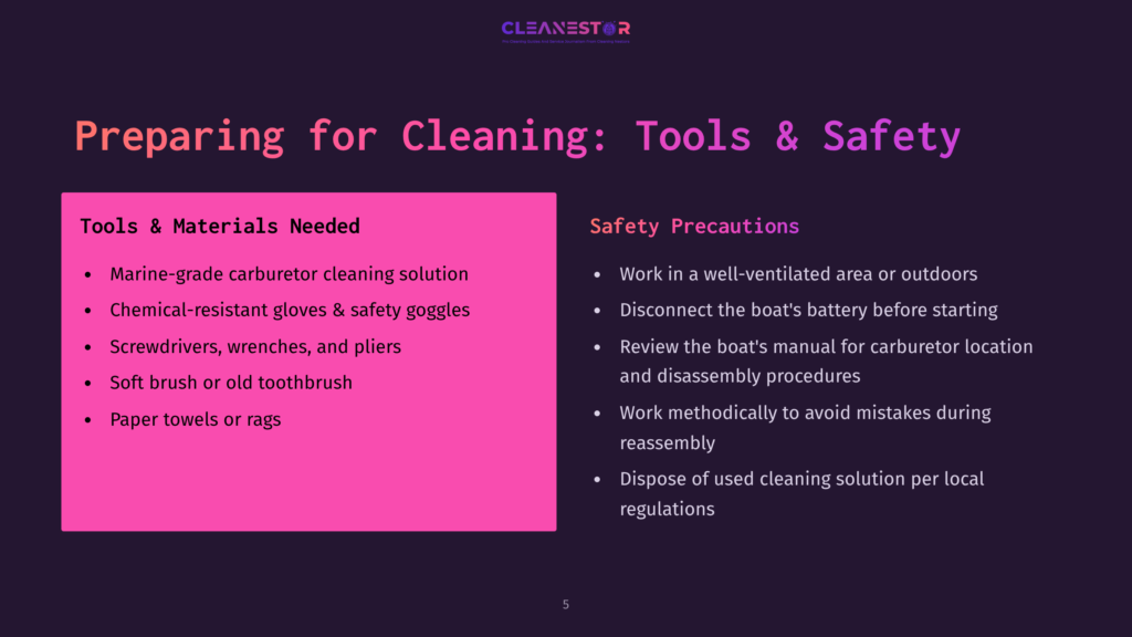 Slide Titled &Quot;Preparing For Cleaning: Tools &Amp; Safety&Quot; With Two Columns: &Quot;Tools &Amp; Materials Needed&Quot; Listing Marine-Grade Carburetor Cleaner, Gloves, Screwdrivers, And Paper Towels; And &Quot;Safety Precautions&Quot; Listing Ventilation, Battery Disconnection, Manual Review, And Proper Disposal.