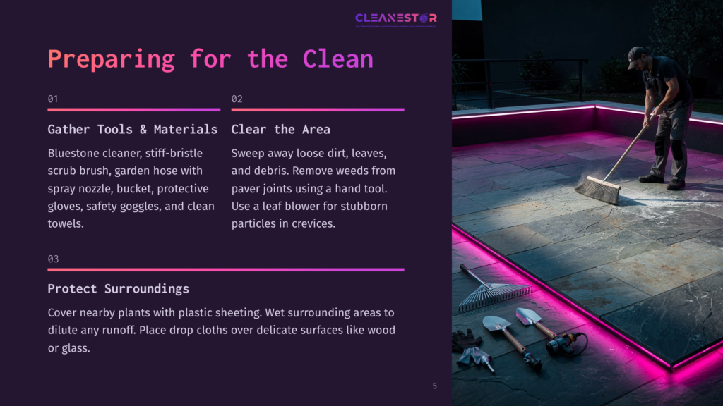 A Man Sweeps A Patio With A Broom, Preparing For Cleaning. Tools Like A Rake, Shovels, And Brushes Are Laid Out On The Stone Patio, Illuminated By Bright Pink Led Lights.