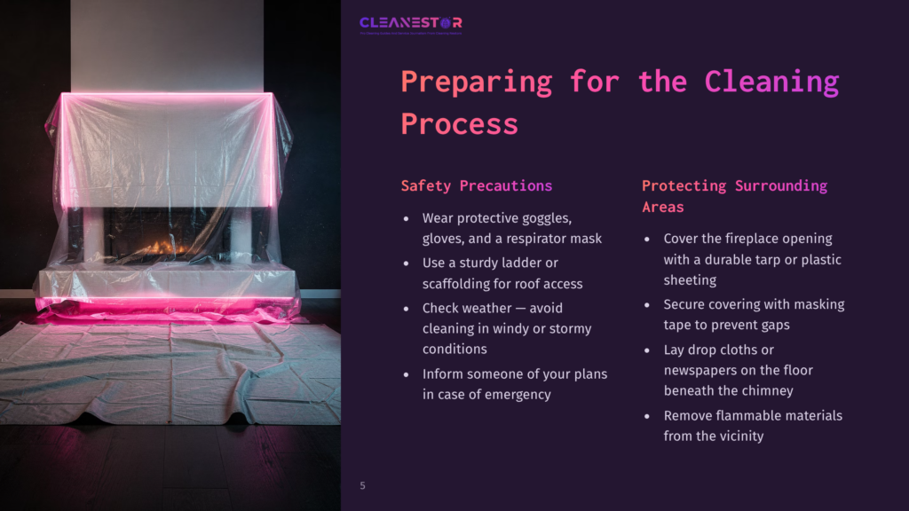 5 Preparing For The Cleaning Process Fireplace Draped In Clear Plastic Sheeting With Pink Led Lights, Floor Covered In Drop Cloths For Cleaning Preparation. Text: Cleanestor, Preparing For The Cleaning Process.