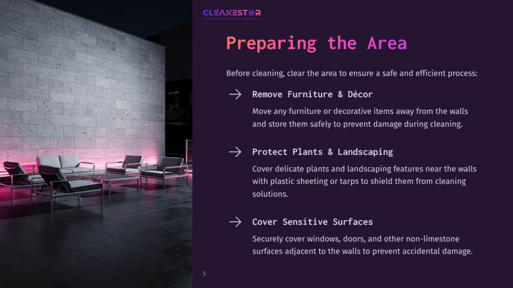 Cleanestor Logo And Text: &Quot;Preparing The Area.&Quot; Steps Include Removing Furniture, Protecting Plants, And Covering Sensitive Surfaces.