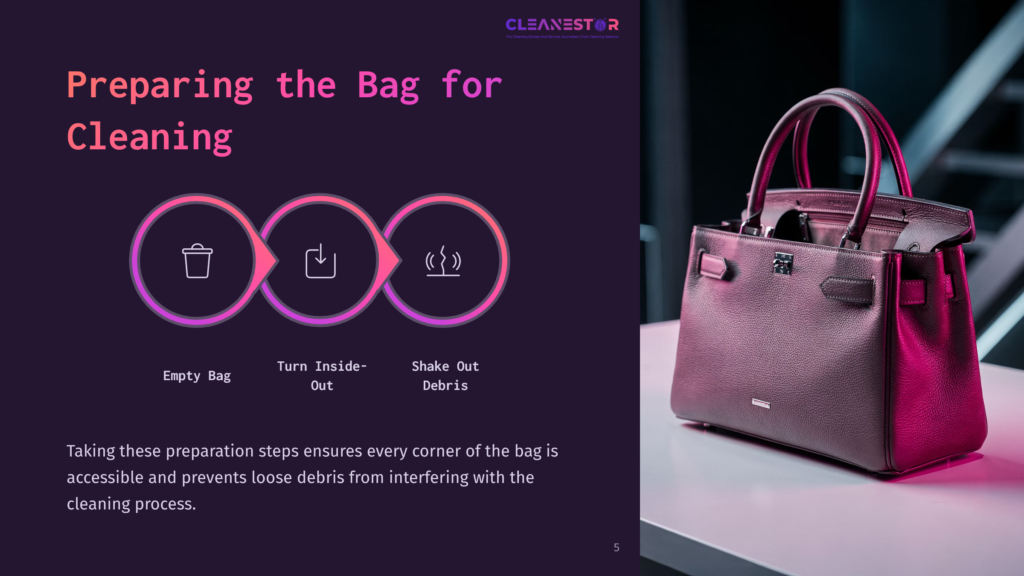 Three Circular Icons Illustrate Steps To Prepare A Handbag For Cleaning: Empty Bag, Turn Inside-Out, And Shake Out Debris. A Stylish, Dark Pink Leather Handbag Is Shown On The Right.