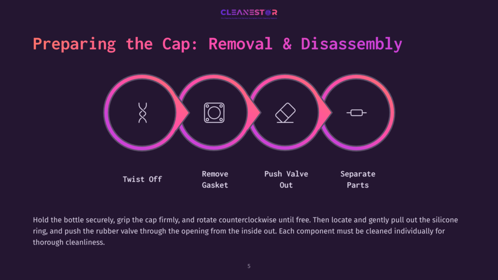 Diagram Illustrating How To Prepare A Cap For Removal And Disassembly, Showing Four Steps: Twist Off, Remove Gasket, Push Valve Out, And Separate Parts, With Icons For Each Step.